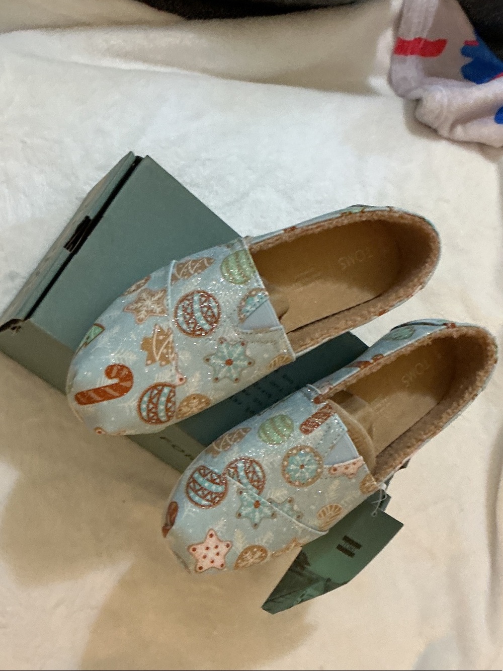 Toms Light Blue Kids Moccasins with Glittered Holiday Motifs